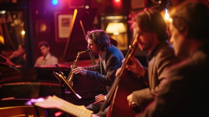 An evening jazz concert in a cozy club, musicians in deep concentration, audience immersed in the...