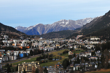 Fototapeta na wymiar Swiss Alps: The mountain-city Davos, where the WEF takes place | Die Stadt Davos in den Schweizer Alpen