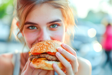 beautiful girl eating hamburguer
