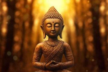 Buddha statue in the woods in the style of golden light