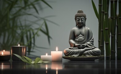 buddha statue with candle and bamboo plants, in the style of reflex reflections, green and gray --ar 125:76 --stylize 750 --v 5.1 Job ID: cfab7dce-56d6-4dc0-b146-a882c5346a10