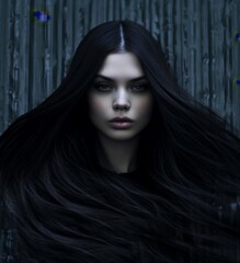 Girl in the hair with long black hair, in the style of sleek