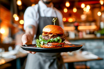 Waiter shot of chef carrying burger for client