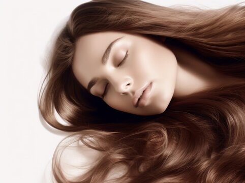 Woman with long brown hair laying on a white background