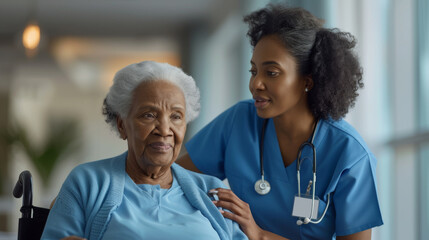 healthcare worker in blue scrubs is caring for an elderly woman in a wheelchair, offering her comfort and assistance.