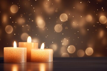 Light candles on bokeh brown background, with copy space  - obrazy, fototapety, plakaty