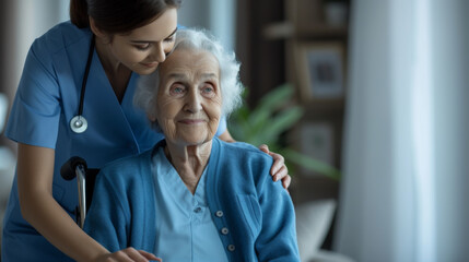 healthcare worker in blue scrubs is caring for an elderly woman in a wheelchair, offering her comfort and assistance. - obrazy, fototapety, plakaty