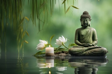 Buddha statue in water and bamboo