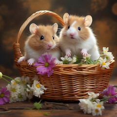 Two cute little hamsters in a basket with flowers on a wooden background