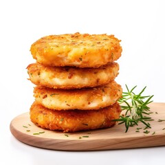 Chicken patties topped with bread crumbs on wooden board isolated on white background