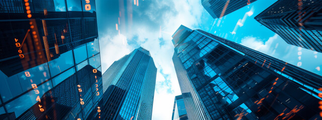 skyscrapers with superimposed graphs and numerical data, illustrating a concept of the business district in a city with a focus on finance and market trends. - obrazy, fototapety, plakaty