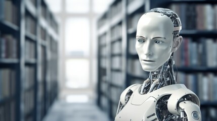 Ai Robot with artificial intelligence, robot in the library 