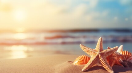 starfish on the beach with copy space, sunset view