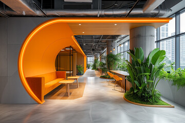 Contemporary office lounge with curvilinear orange seating, suitable for architectural and interior design promotions