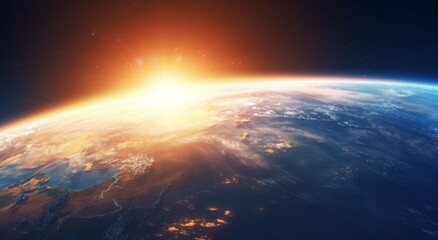 Sunrise view of the planet Earth from space with the sun setting over the horizon