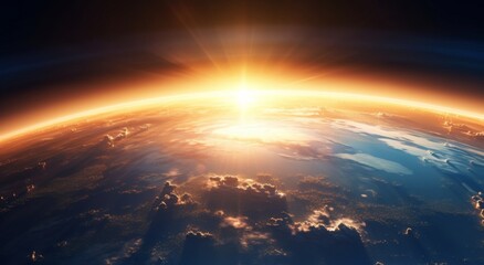 Sunrise view of the planet Earth from space with the sun setting over the horizon - obrazy, fototapety, plakaty