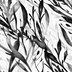 Seamless pattern of watercolor leaves in black and white