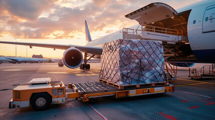 Air cargo being loaded into a freight airplane during a vibrant sunrise at the airport.