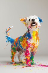 Colorfully painted dog on gray background. Festival of the color, Phagwah, Holi celebration. Happy holiday concept. Design for banner, poster with copy space