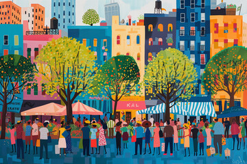 Fototapeta na wymiar Vibrant cityscape painting of a bustling street market, perfect for cultural insights and urban design themes