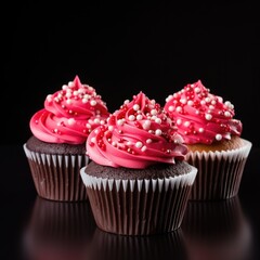Chocolate cupcake with pink and red icing isolated on dark background