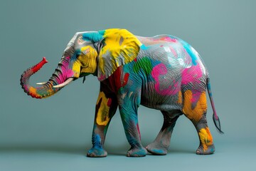 Obraz premium Elephant with colorful paints on gray background. Festival of the color, Phagwah, Holi. Happy holiday concept. Design for banner, poster