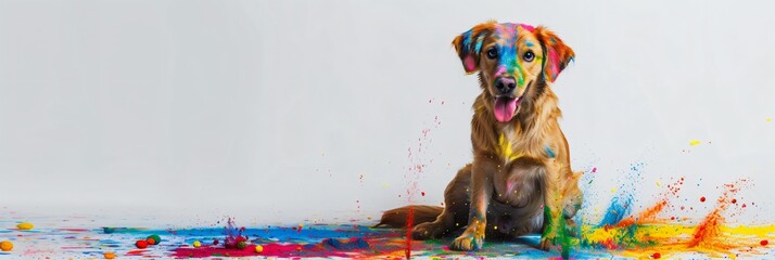 Cute dog with colorful paints on gray background. Festival of the color, Phagwah, Holi. Happy...