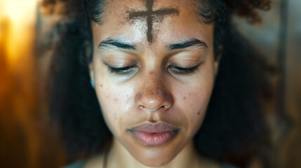 Humble woman with an ashen cross on her forehead in temple. Ash wednesday - obrazy, fototapety, plakaty