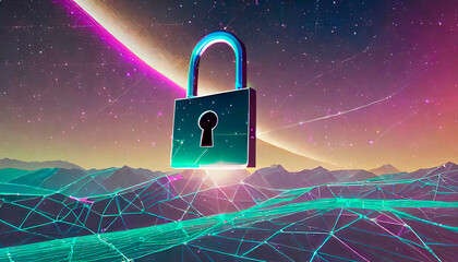 An artistic and surreal scene in which a padlocks float in a colorful and weightless space. Importance of protecting our digital lives with strong passwords. Identity theft. World Password Day. - obrazy, fototapety, plakaty