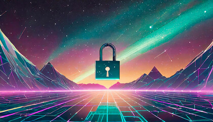 An artistic and surreal scene in which a padlocks float in a colorful and weightless space. Importance of protecting our digital lives with strong passwords. Identity theft. World Password Day.