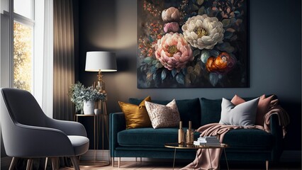 AI generated illustration of a living room with two chairs, a couch, and a large floral art piece