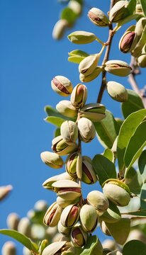 Daylight Delicacy Fully Grown Pistachios on a Tree with Blue Sky Backdrop