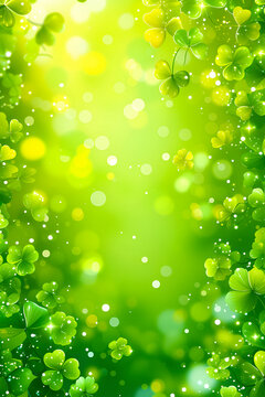 A green surface with triple leaves, the Irish image of the St. Patrick's Day holiday is a lucky quatrefoil. Vertical.