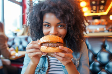 young African American woman, sitting in a restaurant, eating a tasty and perfect burger,