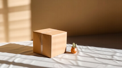 An empty cardboard box casting a shadow with a window cutout