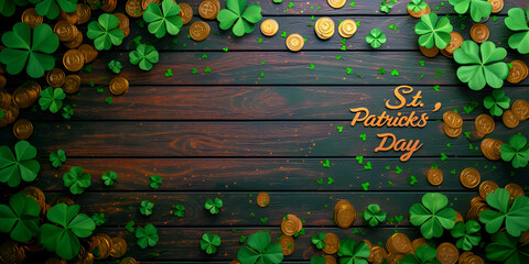 Trefoil leaves on a green base, the symbol of the Irish celebration of St. Patrick's Day is a four–leafed good luck charm. View from above. The banner. Place for the text