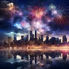 city skyline illuminated by a dazzling fireworks display