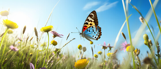 beautiful colorful butterfly flying over some flowers on a spring day - obrazy, fototapety, plakaty