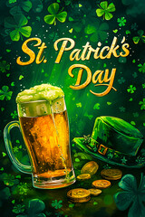 illustrating the celebration of St. Patrick's Day, it contains an image of a hat, a glass of Irish ale and coins on a bright green background.