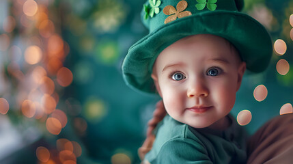 Fototapeta na wymiar A cute child dressed in a leprechaun outfit sits in his mother's arms as part of the celebration of family traditions of St. Patrick's Day.
