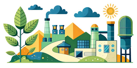 Abstract background. Industrial factories that use sustainable solar energy from nature to reduce pollution caused by combustion. Technology, Innovation, Website, Illustration