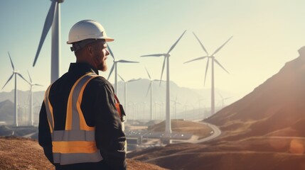 A male engineer wearing a uniform and helmet checks the operation of wind turbines at sunset. Renewable electricity, Power plant. - obrazy, fototapety, plakaty