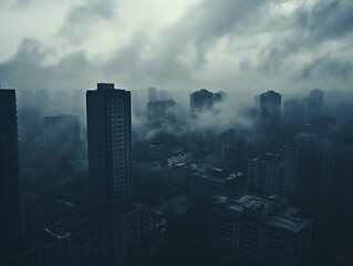 top view of the city with skyscrapers, in cloudy weather 