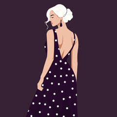 
Vector flat fashion illustration of a beautiful sexy woman in an elegant backless dress with polka dot print. Back view.