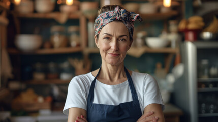 content and confident middle-aged female chef with a headscarf and apron, smiling and standing with crossed arms in a well-equipped kitchen