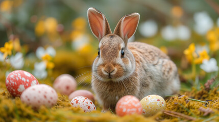 Fototapeta na wymiar A bunny is surrounded by colourful Easter eggs nestled in a spring setting with blooming flowers and foliage. Ai generative