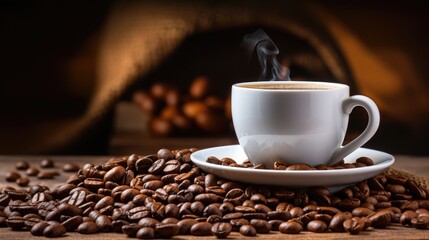 Coffee cup on table top with coffee beans on dark blurred background