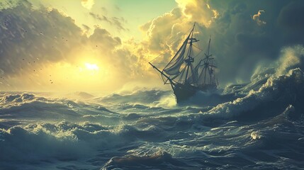 An impressive tall ship is captured amidst turbulent ocean waves. The ship's sails are partially unfurled, battling the strength of a stormy sea under a dramatic sky. The fierce sunlight piercing thro - obrazy, fototapety, plakaty
