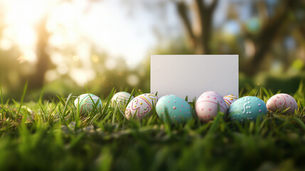 Colourful Easter eggs lie on the green grass with a blank white card for a mockup or template, celebrating the festive spring holiday.  Ai generative - obrazy, fototapety, plakaty