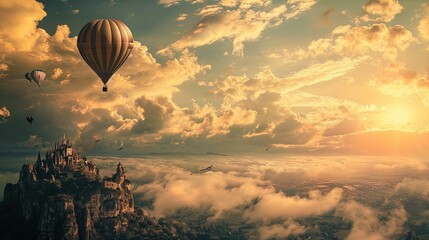 The image is a dramatic and dreamlike view featuring a castle perched atop a rocky cliff surrounded by fluffy clouds, with multiple hot air balloons floating in the sky amidst golden sunlight. The sun